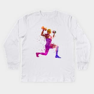 Man exercising weight training workout fitnes in watercolor Kids Long Sleeve T-Shirt